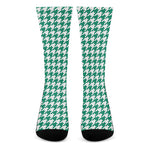 Jungle Green And White Houndstooth Print Crew Socks