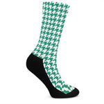 Jungle Green And White Houndstooth Print Crew Socks
