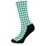 Jungle Green And White Houndstooth Print Crew Socks