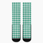 Jungle Green And White Houndstooth Print Crew Socks