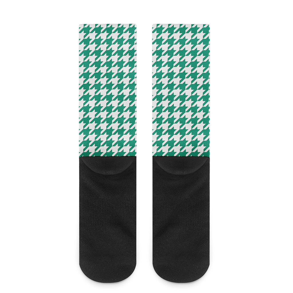 Jungle Green And White Houndstooth Print Crew Socks