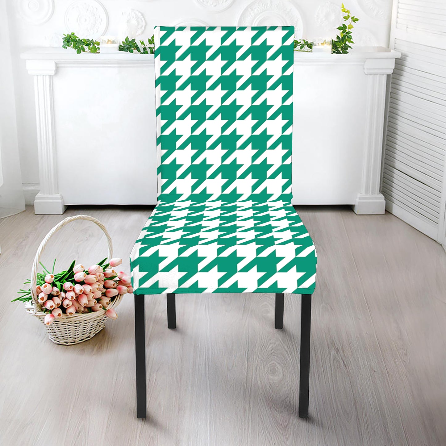 Jungle Green And White Houndstooth Print Dining Chair Slipcover