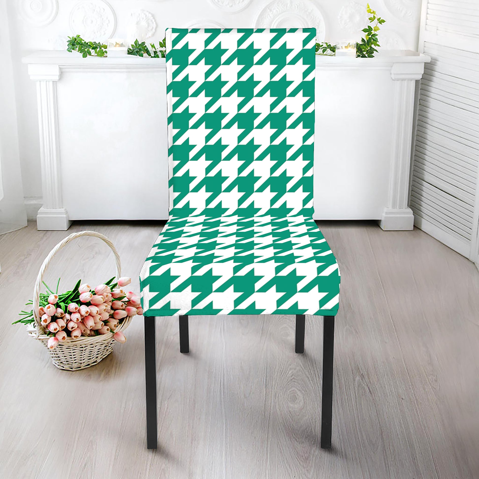 Jungle Green And White Houndstooth Print Dining Chair Slipcover