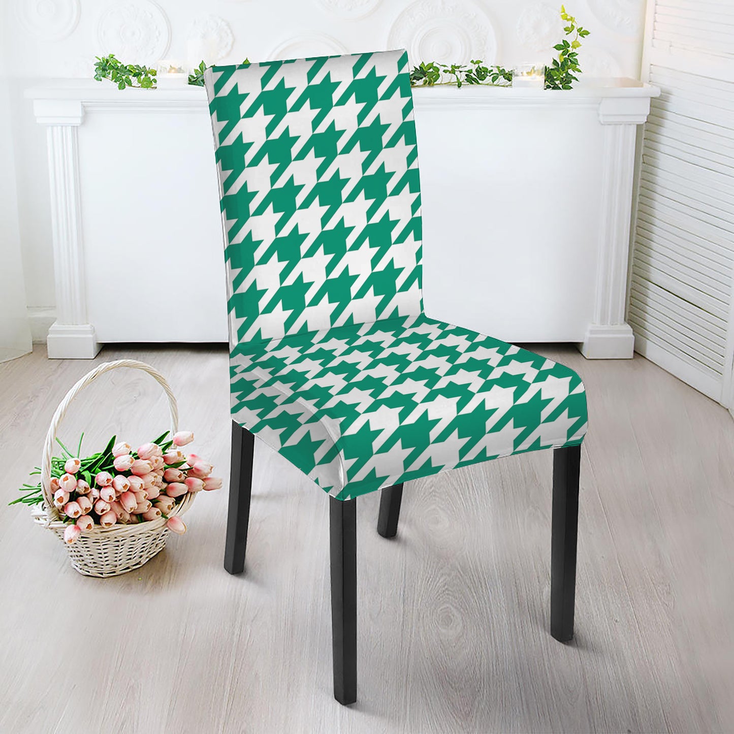 Jungle Green And White Houndstooth Print Dining Chair Slipcover