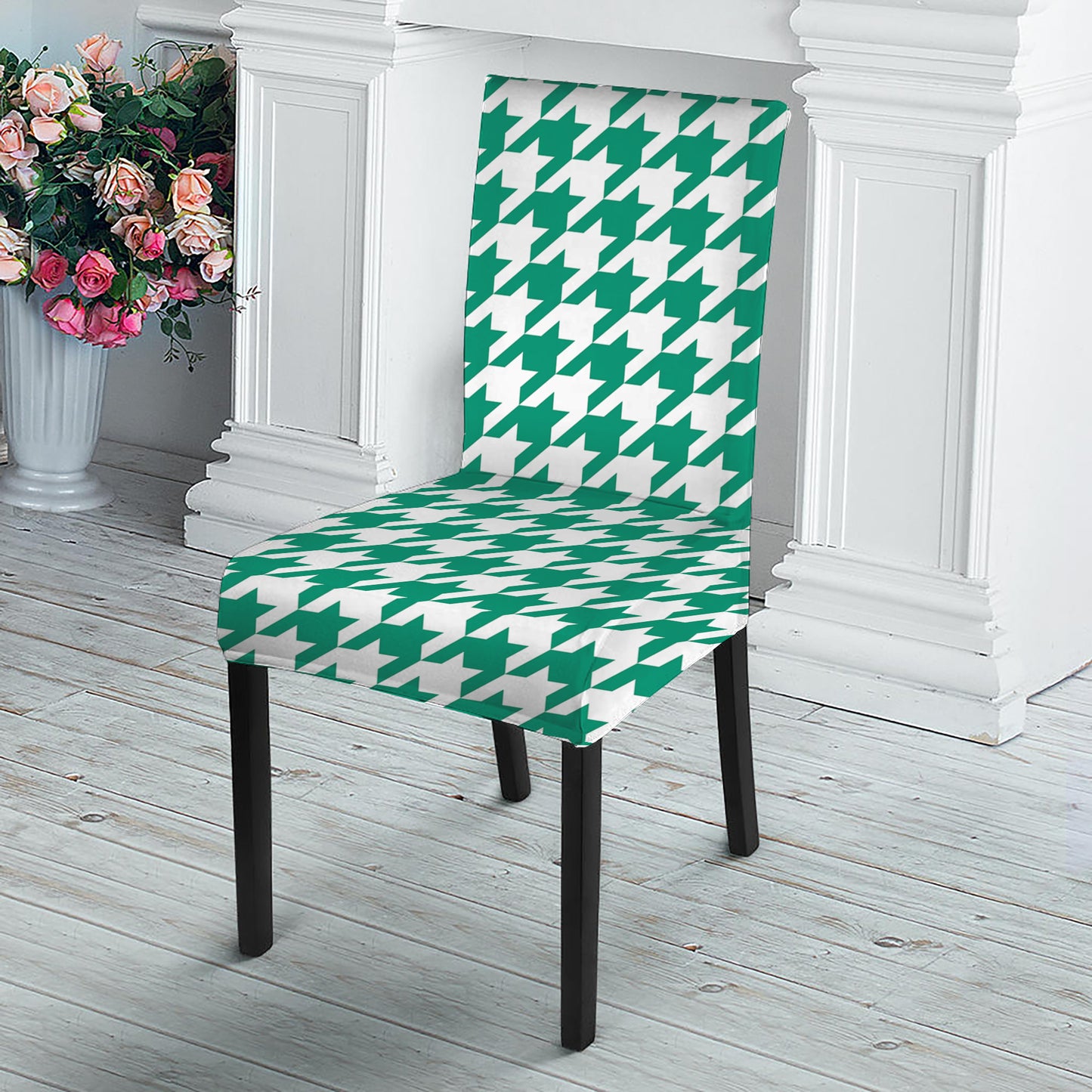 Jungle Green And White Houndstooth Print Dining Chair Slipcover