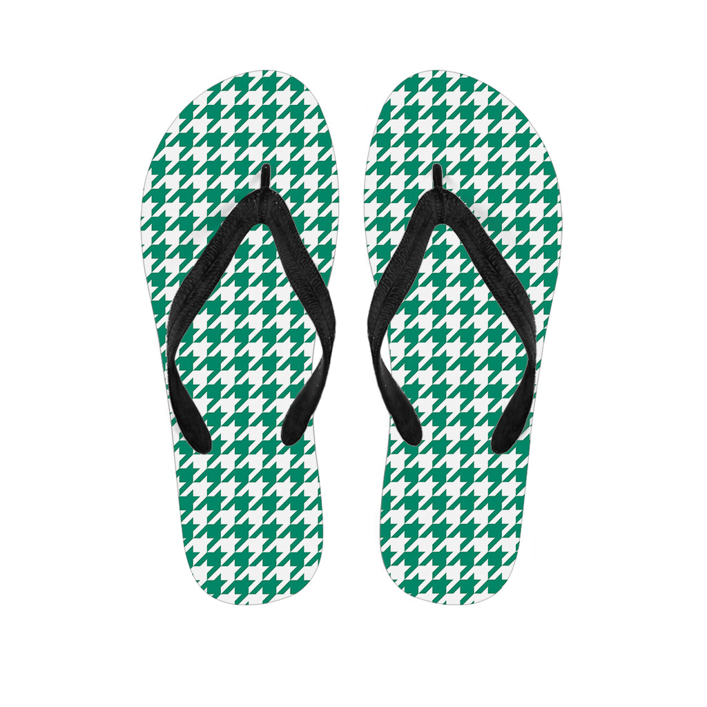 Jungle Green And White Houndstooth Print Flip Flops