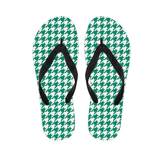 Jungle Green And White Houndstooth Print Flip Flops