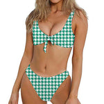 Jungle Green And White Houndstooth Print Front Bow Tie Bikini