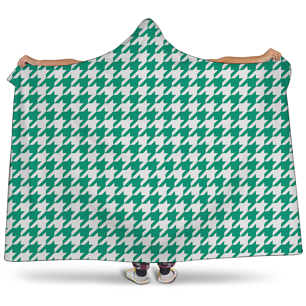 Jungle Green And White Houndstooth Print Hooded Blanket