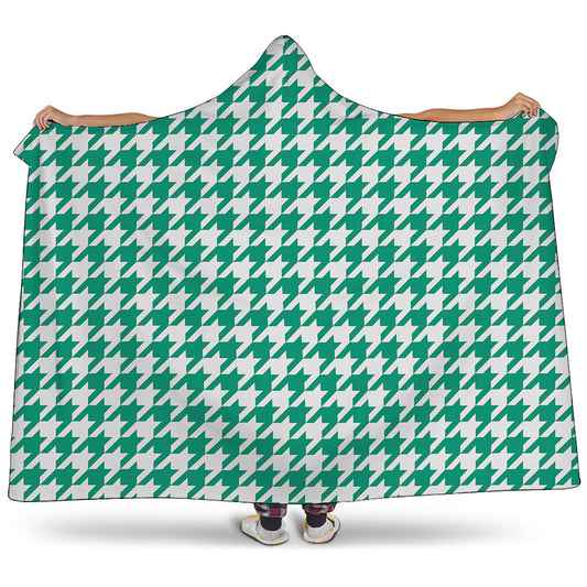Jungle Green And White Houndstooth Print Hooded Blanket