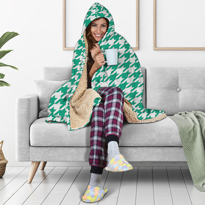 Jungle Green And White Houndstooth Print Hooded Blanket