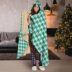 Jungle Green And White Houndstooth Print Hooded Blanket
