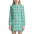 Jungle Green And White Houndstooth Print Pullover Hoodie Dress