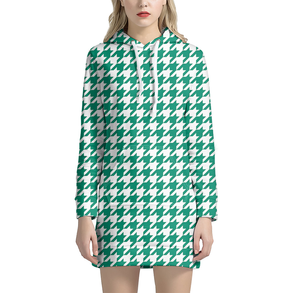 Jungle Green And White Houndstooth Print Hoodie Dress