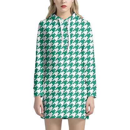 Jungle Green And White Houndstooth Print Hoodie Dress