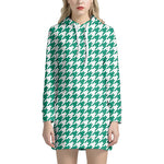Jungle Green And White Houndstooth Print Hoodie Dress