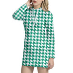 Jungle Green And White Houndstooth Print Hoodie Dress