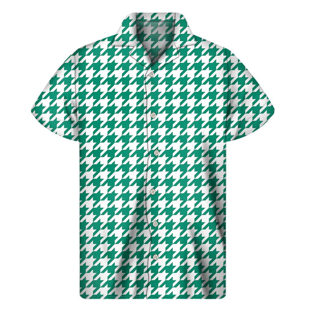 Jungle Green And White Houndstooth Print Men's Short Sleeve Shirt