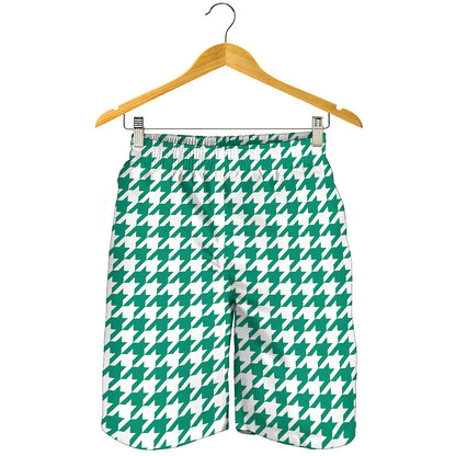 Jungle Green And White Houndstooth Print Men's Shorts