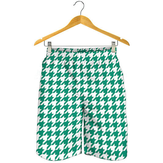 Jungle Green And White Houndstooth Print Men's Shorts