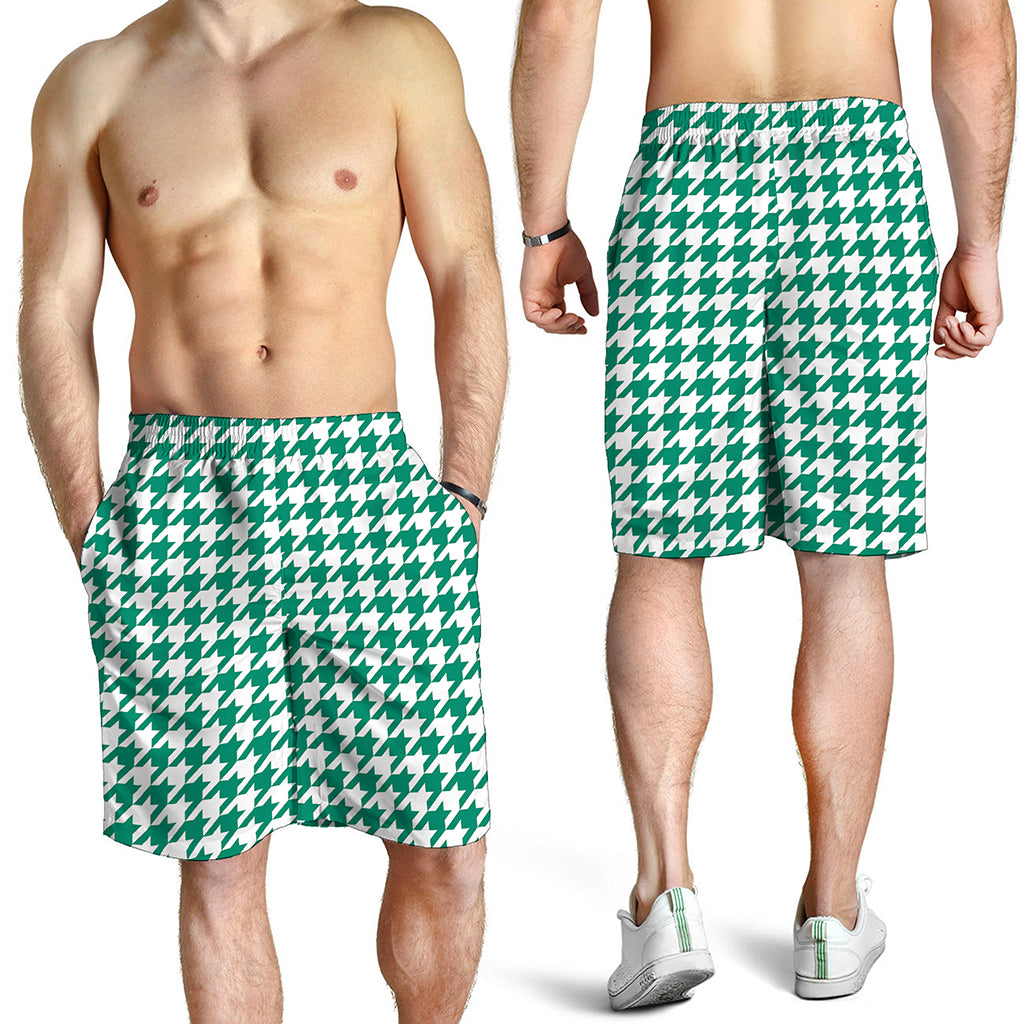 Jungle Green And White Houndstooth Print Men's Shorts