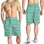 Jungle Green And White Houndstooth Print Men's Shorts