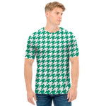 Jungle Green And White Houndstooth Print Men's T-Shirt