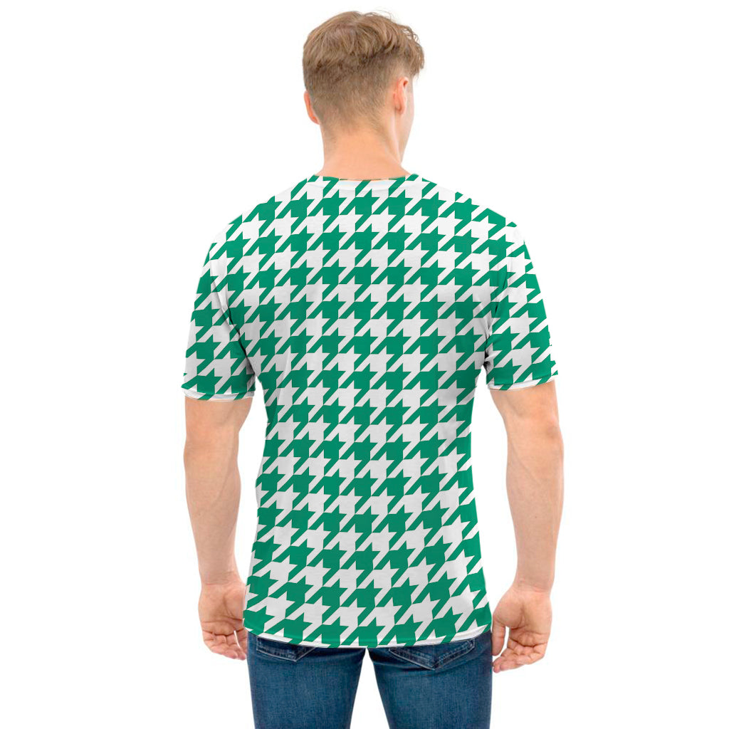 Jungle Green And White Houndstooth Print Men's T-Shirt