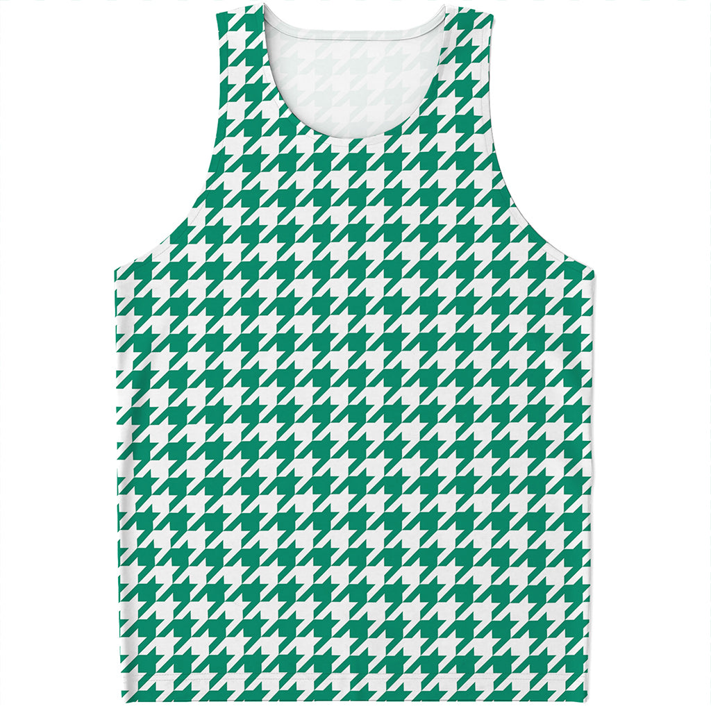 Jungle Green And White Houndstooth Print Men's Tank Top
