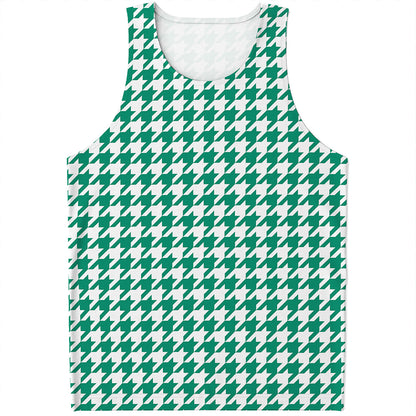 Jungle Green And White Houndstooth Print Men's Tank Top