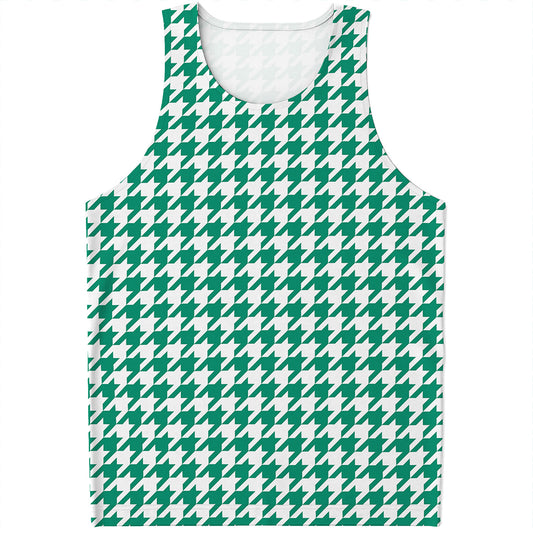 Jungle Green And White Houndstooth Print Men's Tank Top
