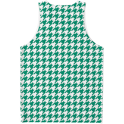 Jungle Green And White Houndstooth Print Men's Tank Top