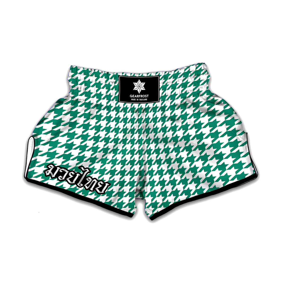 Jungle Green And White Houndstooth Print Muay Thai Boxing Shorts