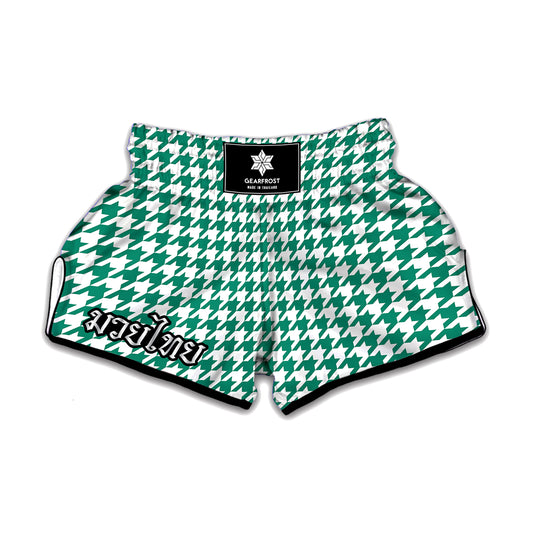 Jungle Green And White Houndstooth Print Muay Thai Boxing Shorts