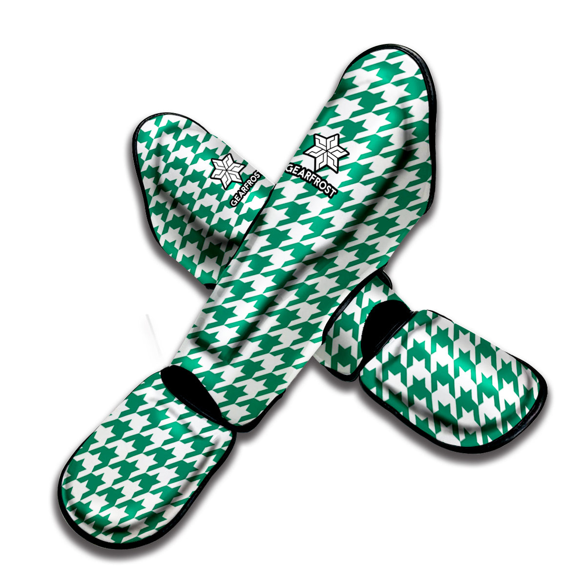 Jungle Green And White Houndstooth Print Muay Thai Shin Guard