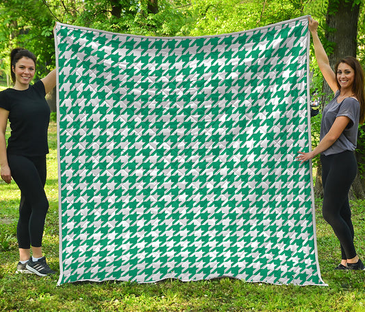 Jungle Green And White Houndstooth Print Quilt