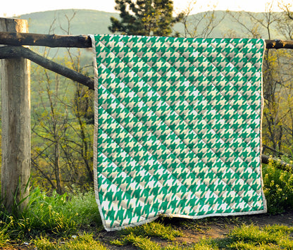 Jungle Green And White Houndstooth Print Quilt