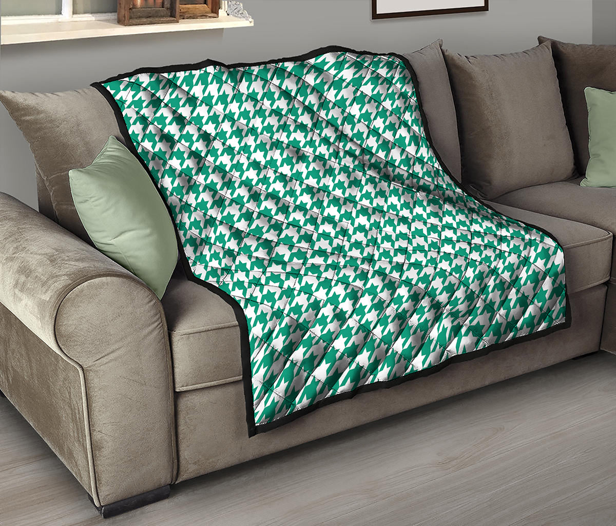 Jungle Green And White Houndstooth Print Quilt