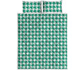 Jungle Green And White Houndstooth Print Quilt Bed Set