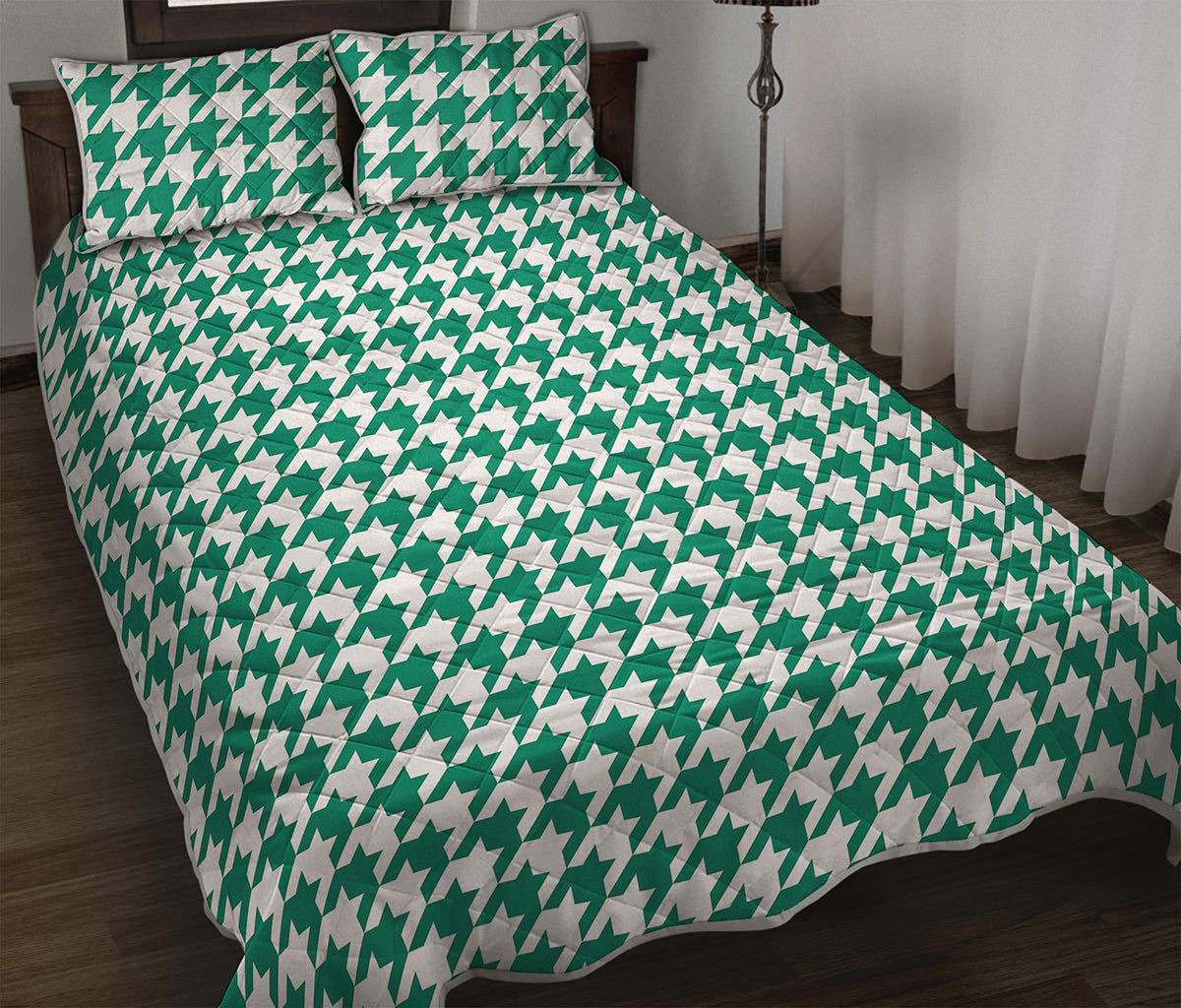 Jungle Green And White Houndstooth Print Quilt Bed Set