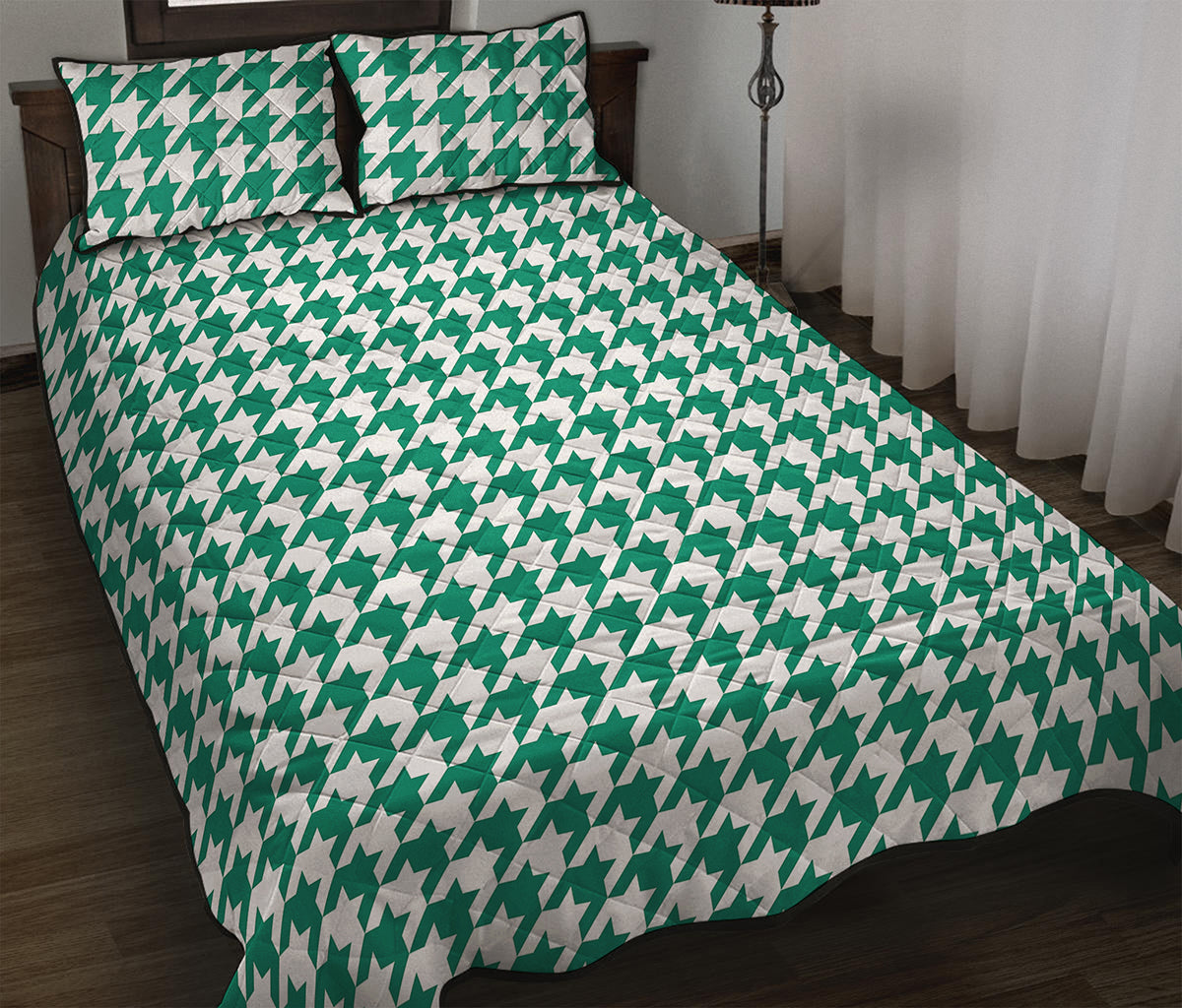 Jungle Green And White Houndstooth Print Quilt Bed Set