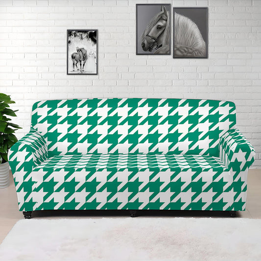 Jungle Green And White Houndstooth Print Sofa Cover