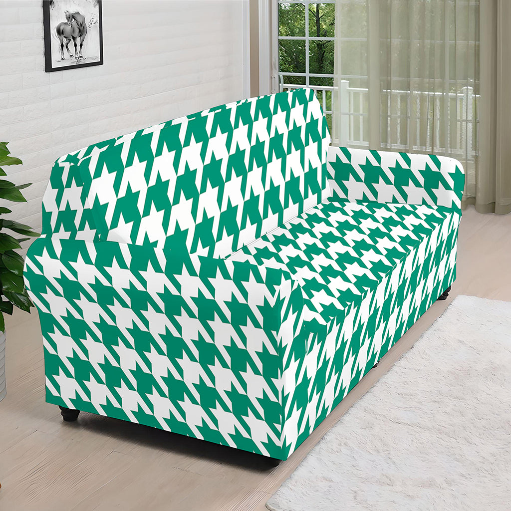 Jungle Green And White Houndstooth Print Sofa Cover