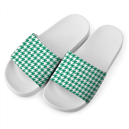 Jungle Green And White Houndstooth Print White Slide Sandals