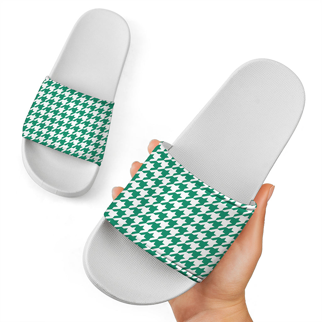 Jungle Green And White Houndstooth Print White Slide Sandals