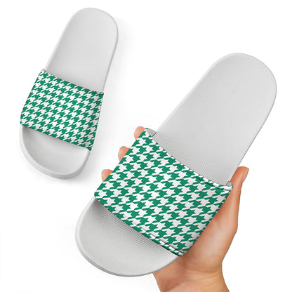 Jungle Green And White Houndstooth Print White Slide Sandals