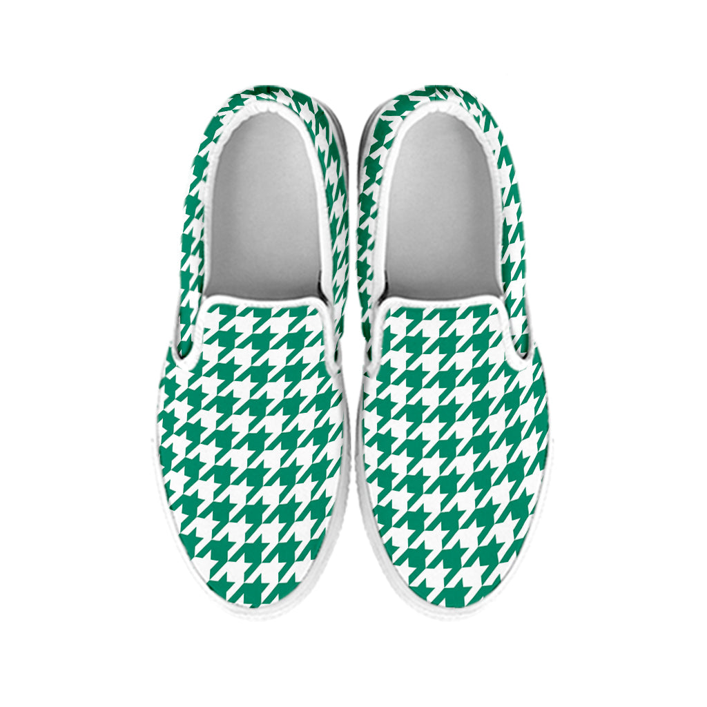 Jungle Green And White Houndstooth Print White Slip On Shoes