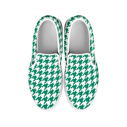 Jungle Green And White Houndstooth Print White Slip On Shoes