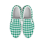 Jungle Green And White Houndstooth Print White Slip On Shoes