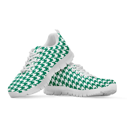Jungle Green And White Houndstooth Print White Sneakers